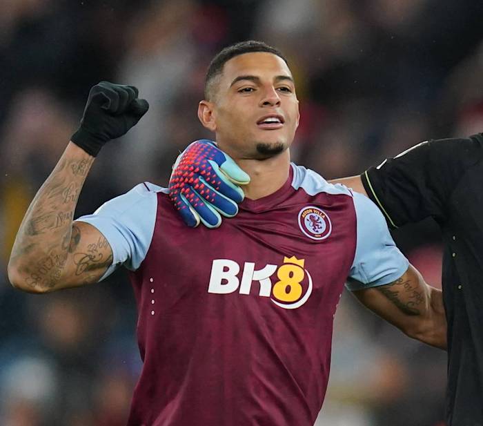 Aston Villa defender Diego Carlos pictured celebrating after a 1-0 win over Arsenal in December 2023